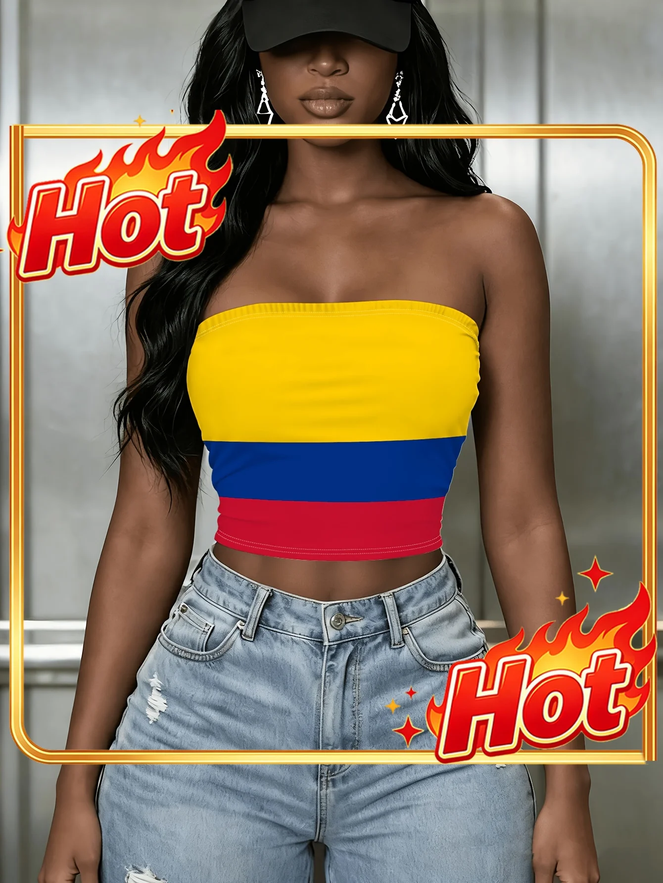 Women's New Spring/Summer Style Tube Top with National Flag Digital Print, Elegant and Chic, Popular Slim-Fit Strapless Top