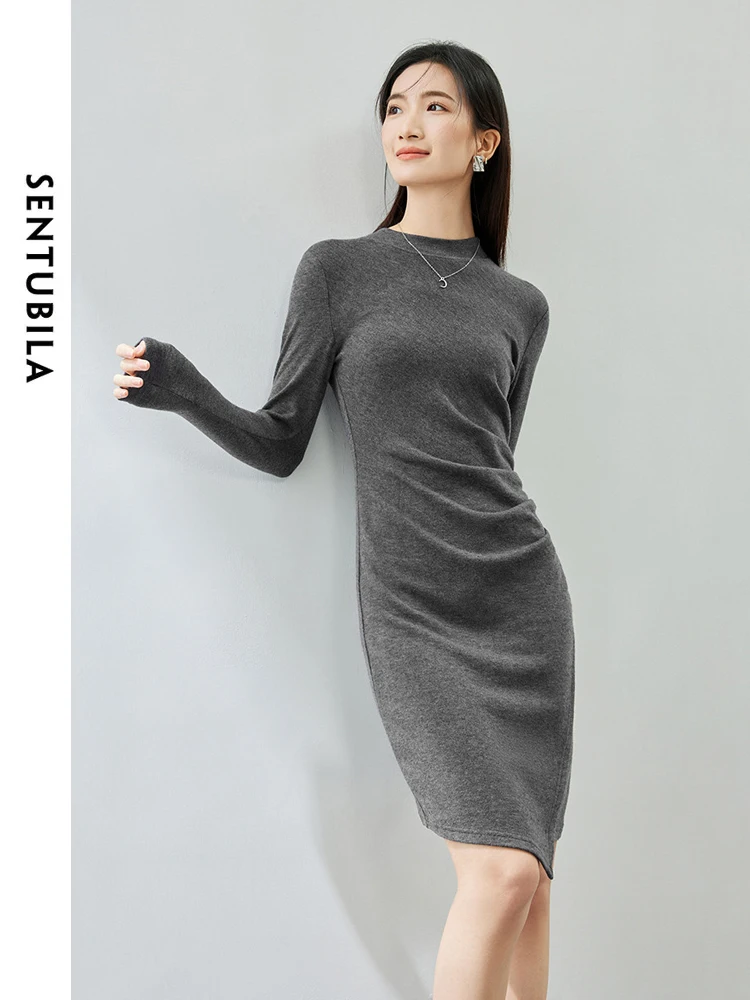 SENTUBILA Knitted Sweater Bodycon Dress for Women 2024 Spring Fashion Ruched Waist Long Sleeve Grey Slim Fit Dress 123L44013