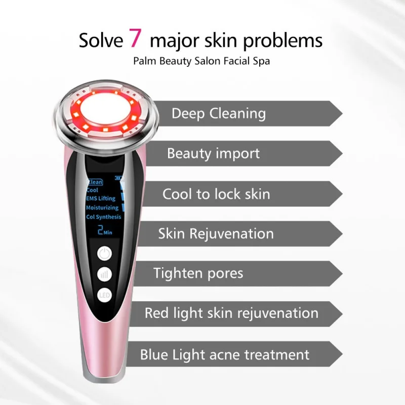 LED Photon Therapy Sonic Vibration Hot Cool Treatment Anti Aging EMS Skin Cleansing Rejuvenation Face Wrinkle Remover Device