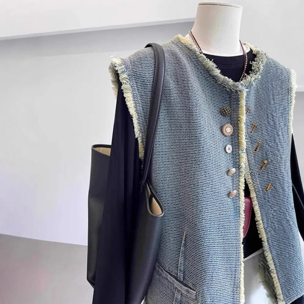 Retro Solid Denim Vest Women Loose Sleeveless Fashionable Spring Autumn New Style Leisure Waistcoat Women Top
