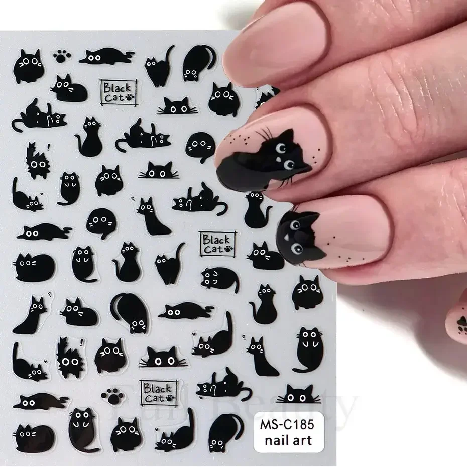 1pc Black Cat Nail Stickers 3D Cute Cartoon Animal 3D Self-Adhesive Nail Art Decals Sliders Decorations Manicure Accessories
