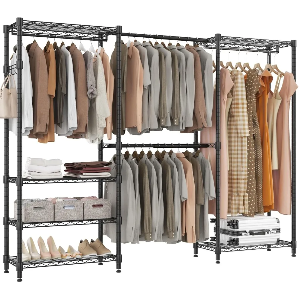 BATHWA Adjustable Heavy Duty Wardrobe Closet Organizer - Expandable Metal Clothing Rack with 4 Hanging Rods, 6 Shelves