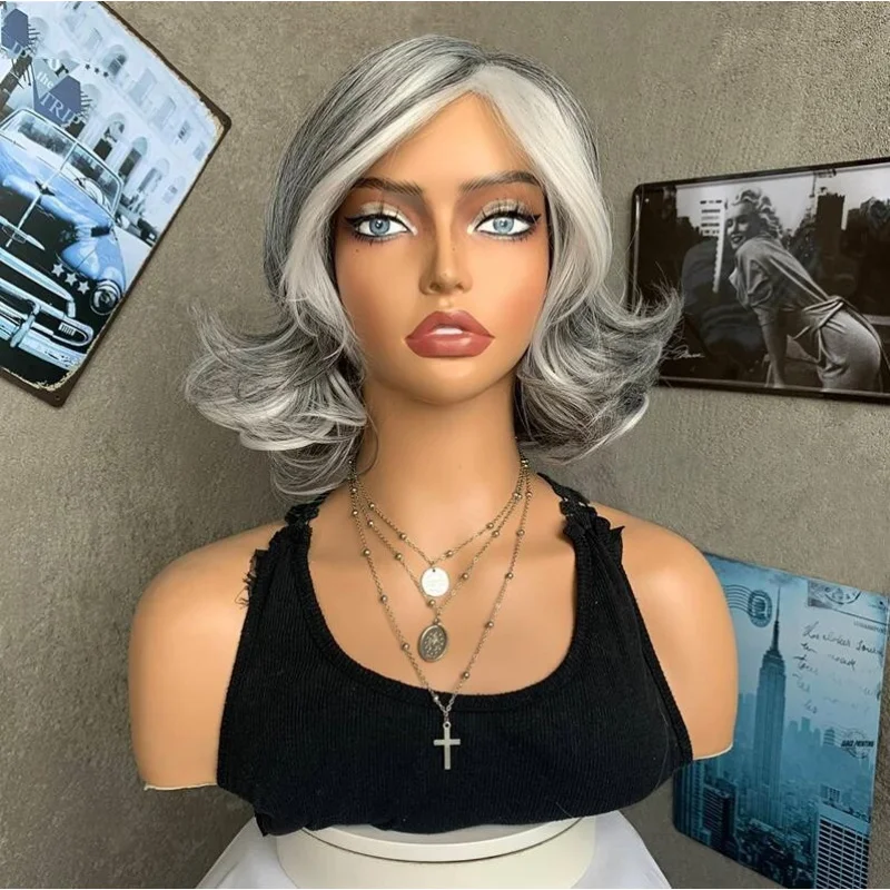 's Wig Short Silver Grey mix Shoulder Length Women Full Hair Wigs