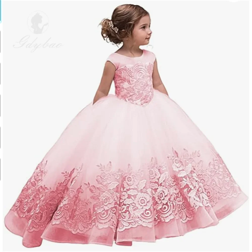 Appliques Flower Girls Dresses Tulle Princess Wedding Pageant Ball Gown with Bow-Knot First Communion Dress