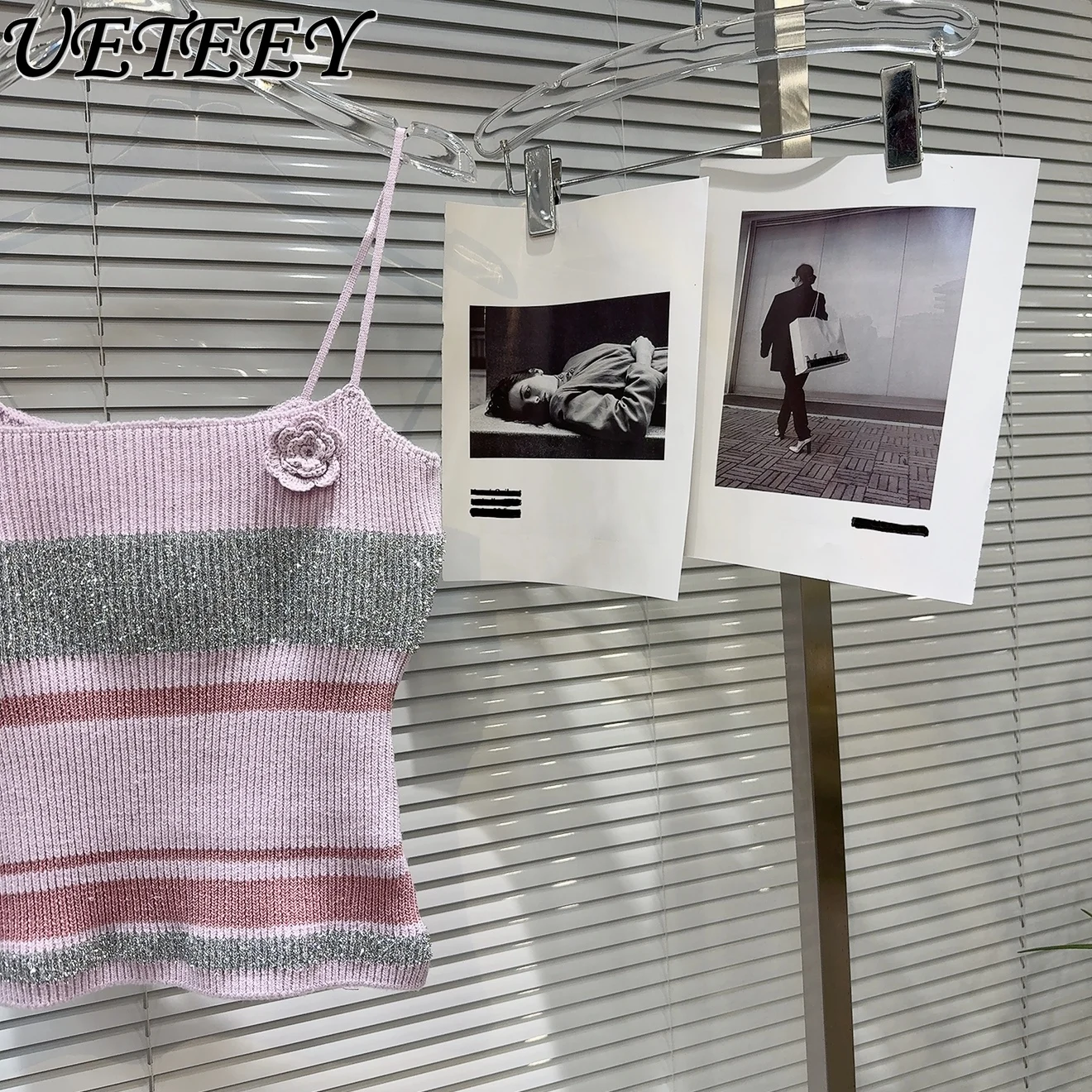 Été nouveau doux célébrité fleur rayé extérieur culture hauts polyvalent brillant soie épissage tricoté fronde gilet court pour les femmes