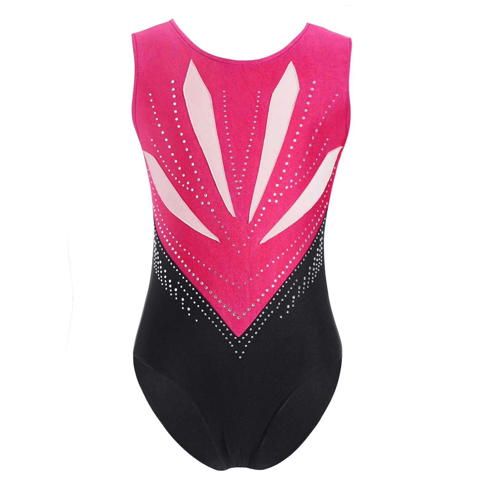 Kids Girls Rhythmic Gymnastics Ballet Leotard Figure Skating Costume Dance Wear Bowknot Cutout Back Sparkly Rhinestones Bodysuit