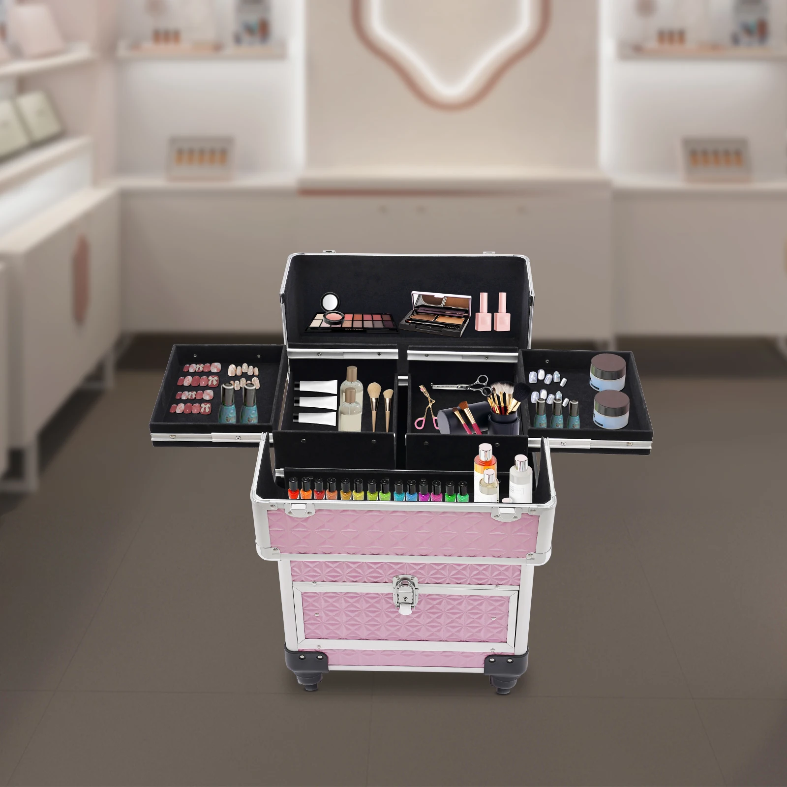 핑크 롤링 메이크업 트레인 케이스, 방수 전문 화장품 트롤리 모바일 메이크업 케이스 보관 케이스, 20kg 하중 용량