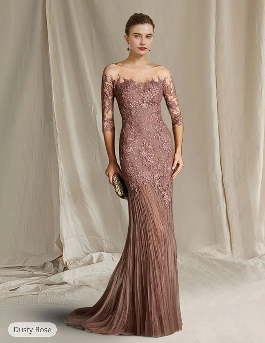 Vestido de tul de encaje con cuello redondo para madre de la novia, traje elegante de media manga con apliques para invitados de boda, 2024