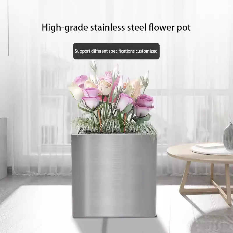 Square rectangular stainless steel flower pot | Metal flowerpot Large floor-to-ceiling flower box Brushed stainless steel vase r