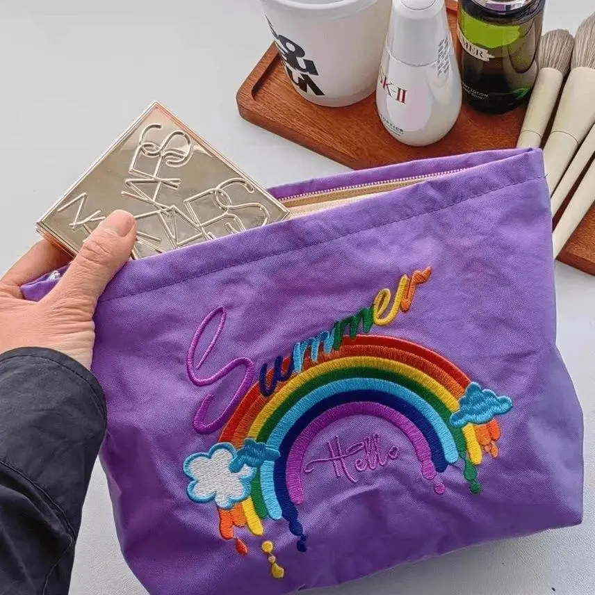 Waterproof Nylon Embroidery Portable Makeup Bag for Women New 2026 Sweet Storage Bag Multi-Functional Inner Pocket