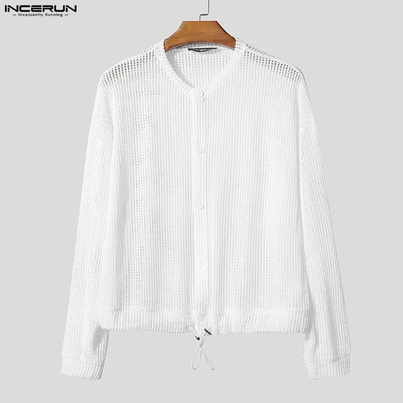 INCERUN 男性シャツ固体中空アウトシースルー長袖男性服セクシーなストリートファッションパーティーカジュアルトップス男性シャツ