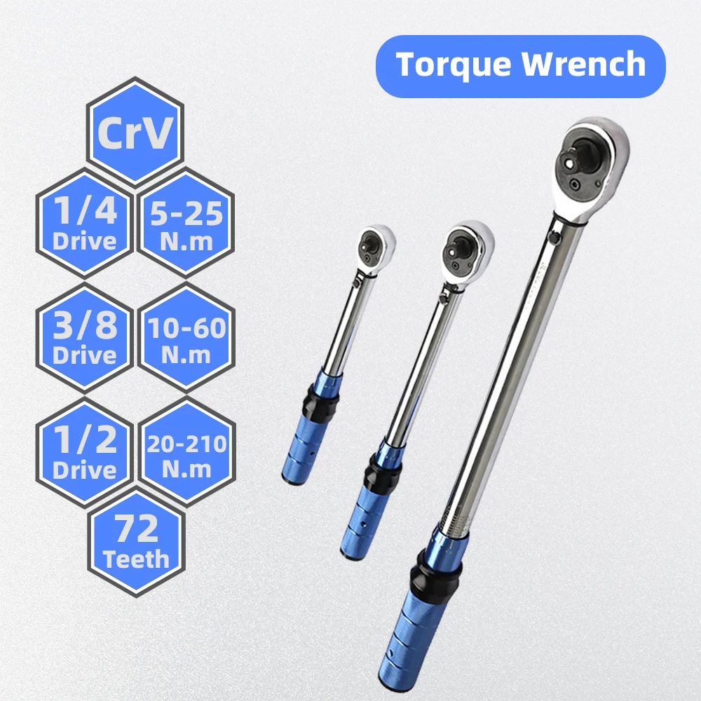 

1/2 3/8 1/4 Torque Wrench 5-210Nm Automotive Professional 72 Teeth Ratchet Spanner Socket Wrench Key Set Car Garage Repair Tool