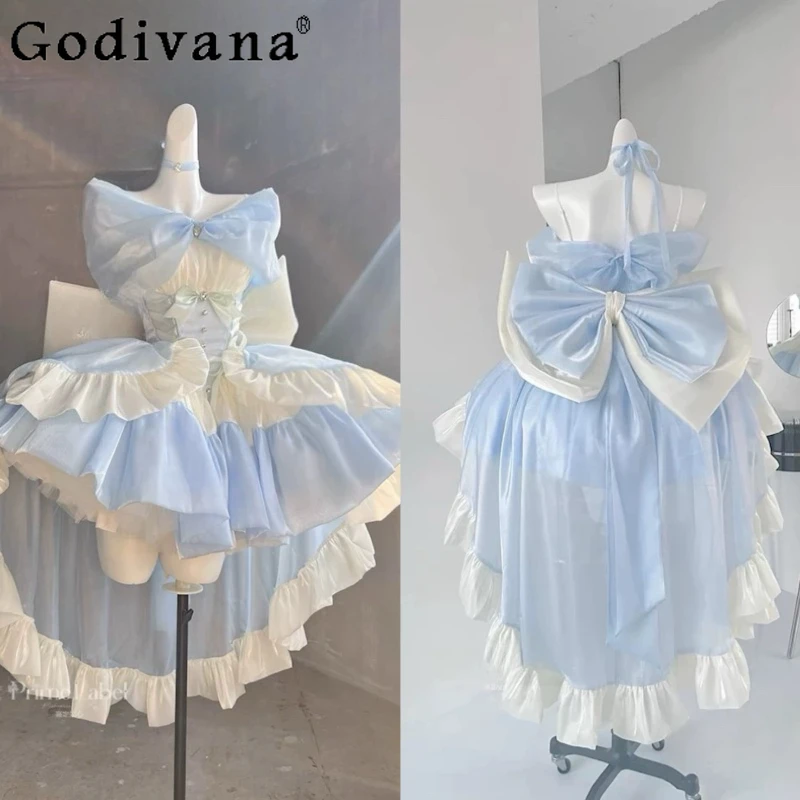 

High-end Blue Lolita Birthday Girls Women's Sweet Elegance Big Bow Trailing Heavy Puffy Dress Princess Ball Gown Evening Dress