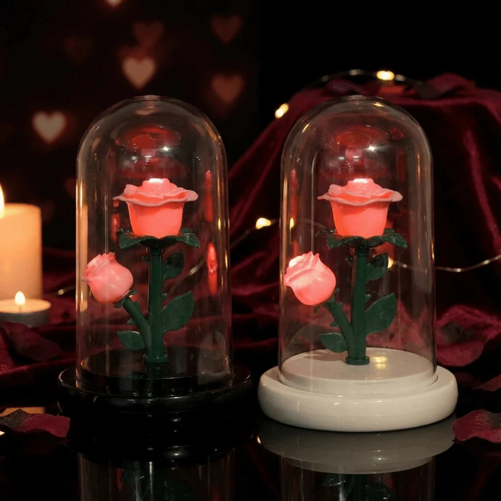 Romantic Eternal Rose Lamp with Lampshade Pink Rose Flower Night Light Luminous Creative LED Flower Light Mothers Day