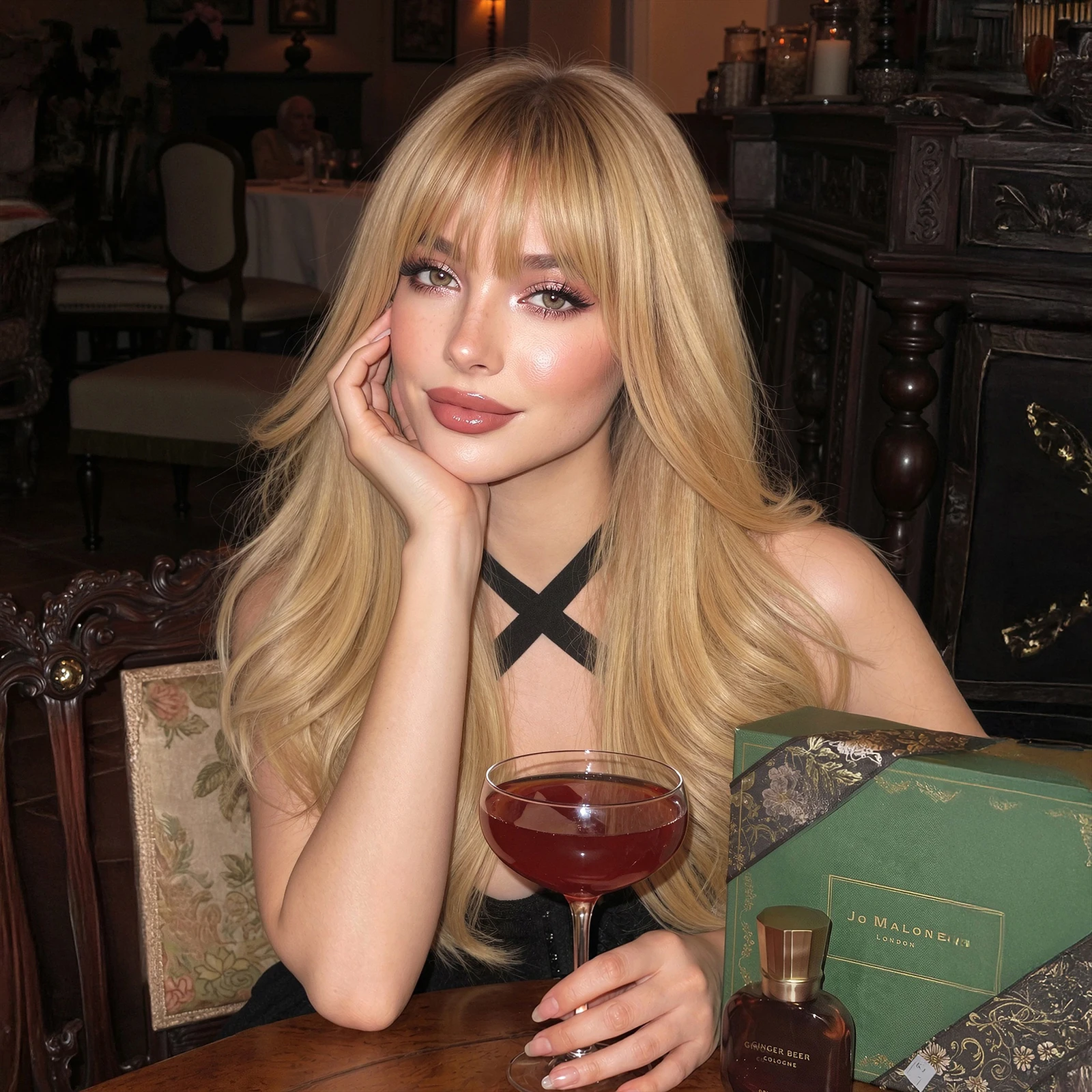22-inch Layered Wavy Blonde Wig with Dark Roots Ombre Blonde Synthetic Wig for Woman Long Blonde Wig with Bangs Natural Looking Heat Resistant Suitable for Halloween Daily Wear Cosplay Costume Party