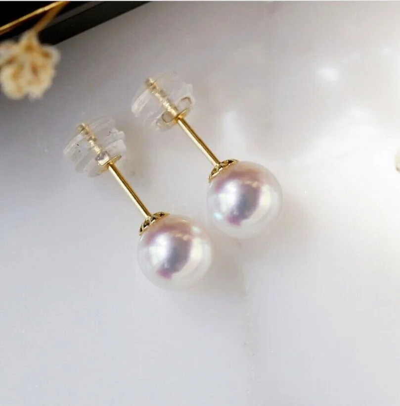 

Gorgeous AAAAA 8-9mm South China Sea Round White Pearl Earrings 18K Gold