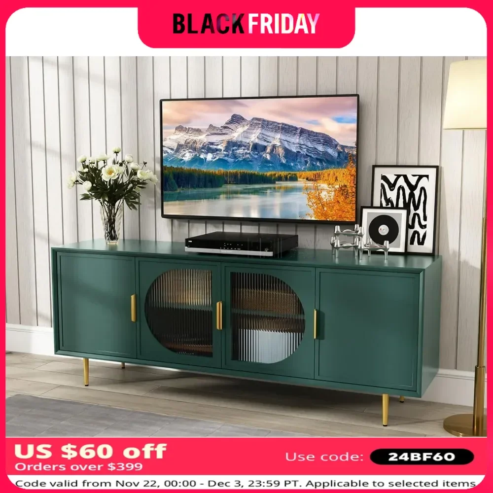 TV Stand for TVs Up To 70+ in With Gold Leg & Storage Cabinet, Wood Media Glass Door Television Console Table