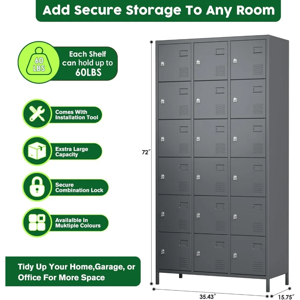 خزائن معدنية للموظفين مع 18 بابًا، خزانة تخزين معدنية مع قفل للمدرسة والمرآب وصالة الألعاب الرياضية وغرفة النوم المنزلية، تتطلب التجميع