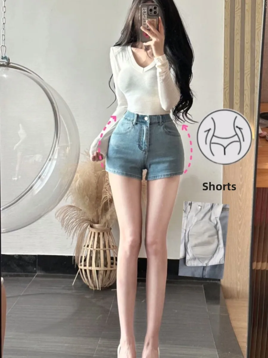 شورت جينز نسائي عالي الخصر، مثير ونحيف مع حشوة لرفع المؤخرة، تصميم أمريكي جريء بلون أزرق فاتح #2