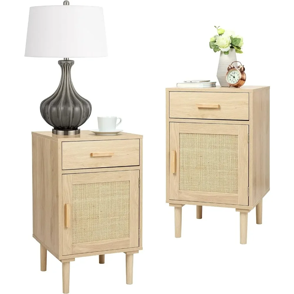 

Tall Bedside Table Set of 2, Drawers and Shelves, Handmade Rattan Decorative Doors, Bedroom Bedside Table with Storage