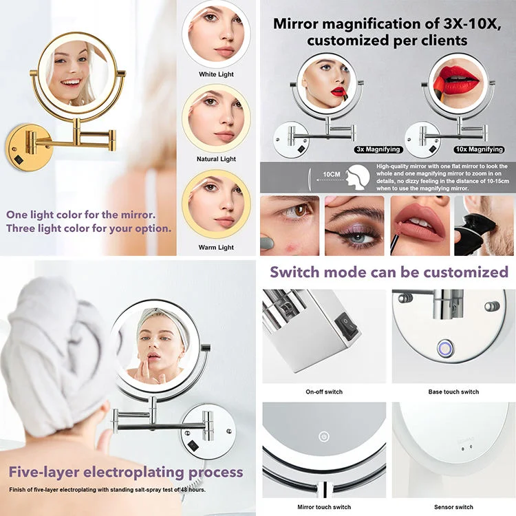 Hot Selling Fashion Makeup Mirror Lighting Stainless Steel Wall Mounted magnifying glass Folding Light Emitting Diode Mirror
