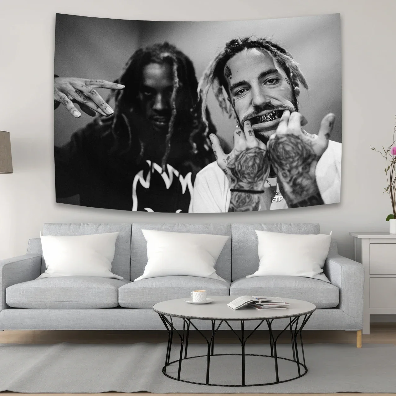 Vintage Street Art Style Band Portrait Wall Tapestry Black and White Graphic Decor for Man Cave Bedroom Living Room