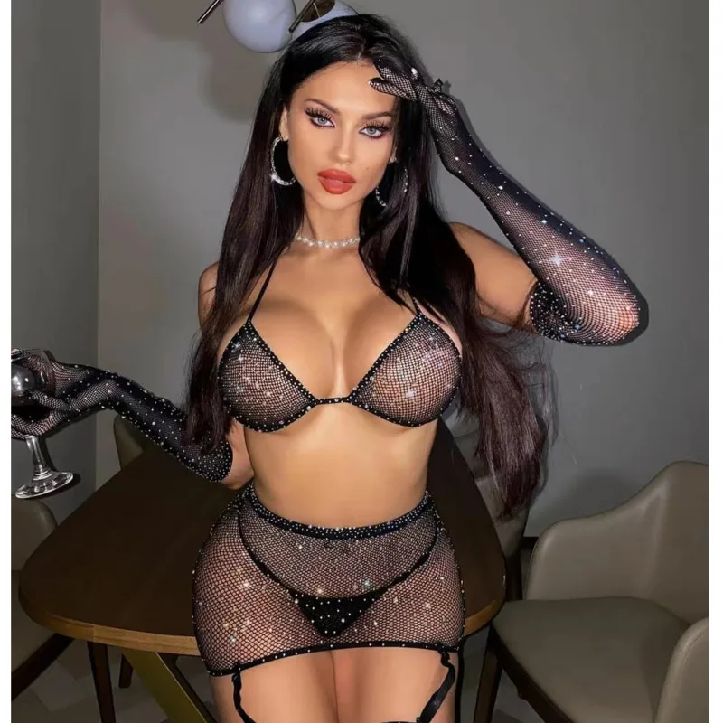 

Fishnet Shiny Bandage Bodycon Two Piece Set With Gloves Backless Crop Top High Waist Leggings Sexy Hollow Out Club Outfits