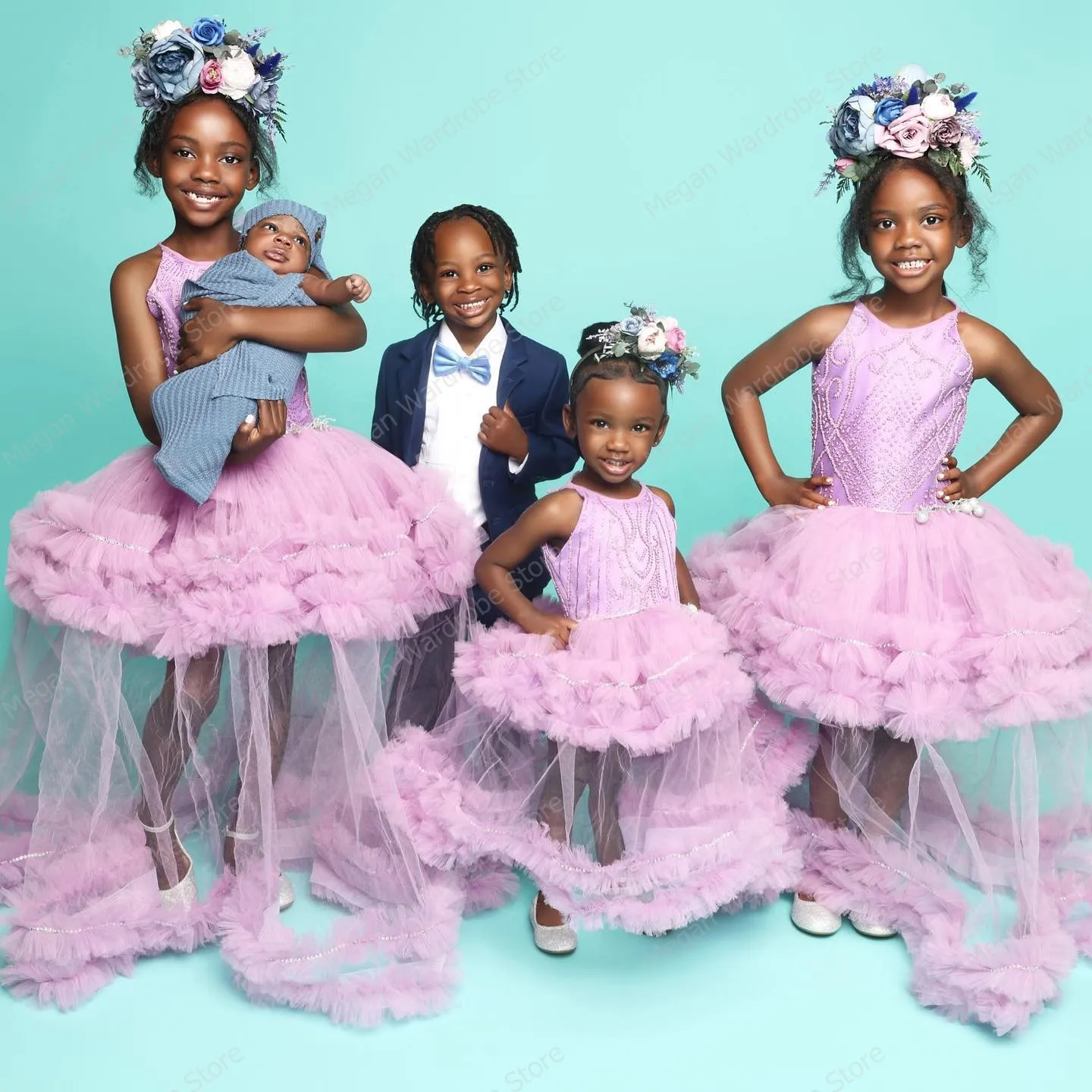 Sweet Pink Kids Photo Shoot Dresses Ruffle Pleated Tulle Child Party Dress Luxury Beadings South Africa Style Ball Gowns Girls