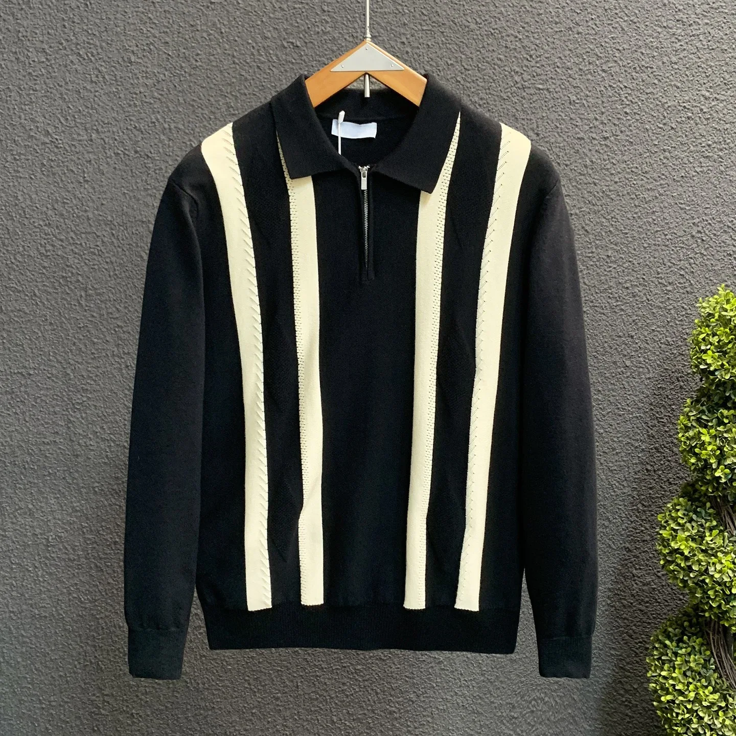 2025 Autumn New Men Turn Down Collar Zipper Polo Shirt Long Sleeve Striped Warm Business Casual Versatile Top