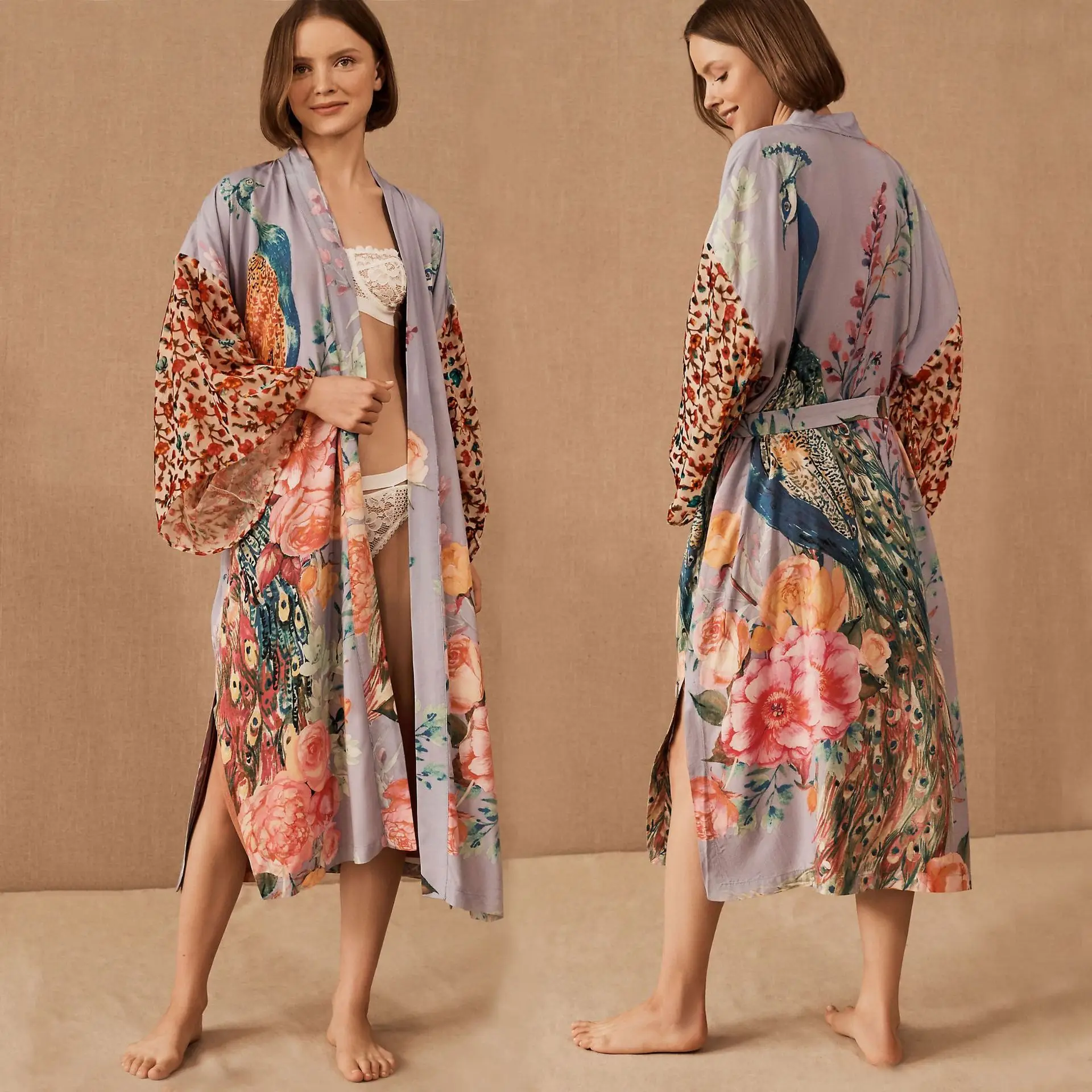 Vintage Chic Fashion Women Crane Floral Print Bohemian Kimono Dress Batwing Sleeves Beach Boho Robe Bikini Cover-up