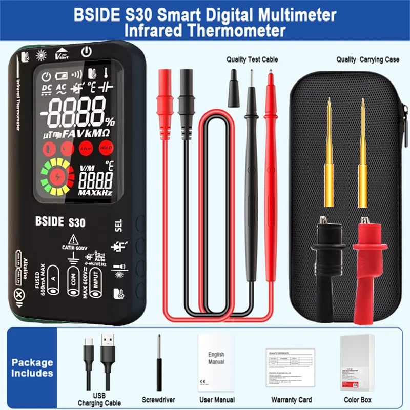 BSIDE S30 USB Charge Multimeter Digital LCD Color Screen AC DC Current Voltage Tester Auto Range 15V Diode Capacitor Ohm Hz NCV