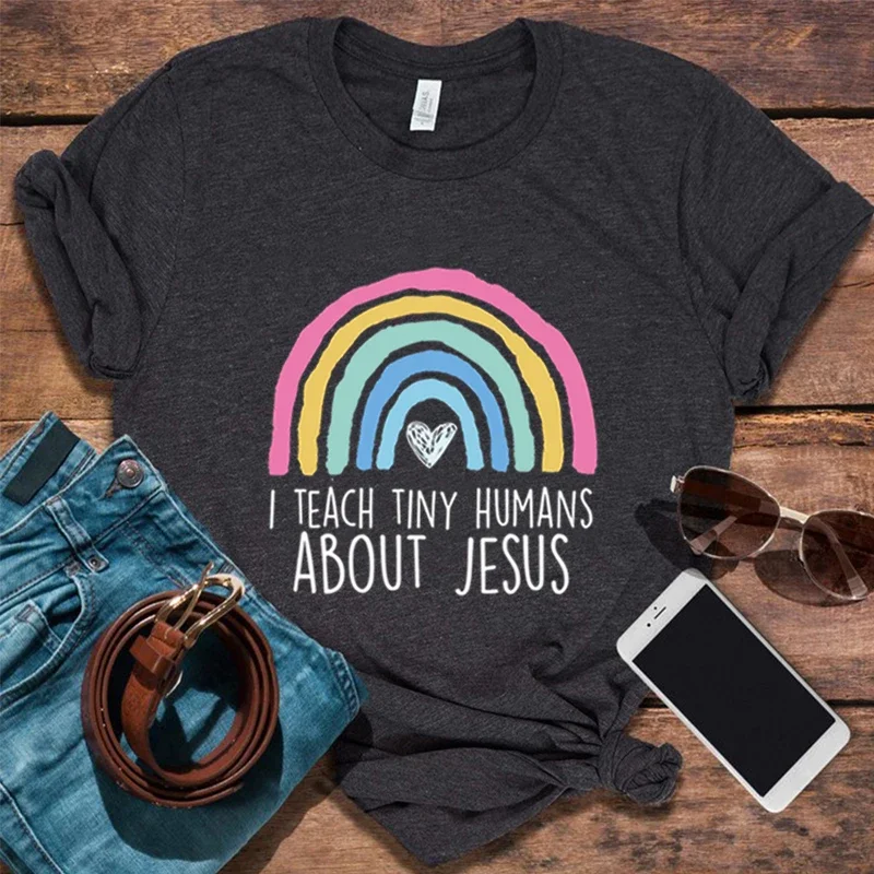 

I Teach Humans about Jesus T Shirt Women Teacher Christian Shirt Back To School Tees Christian School Shirt Rainbow Clothing L