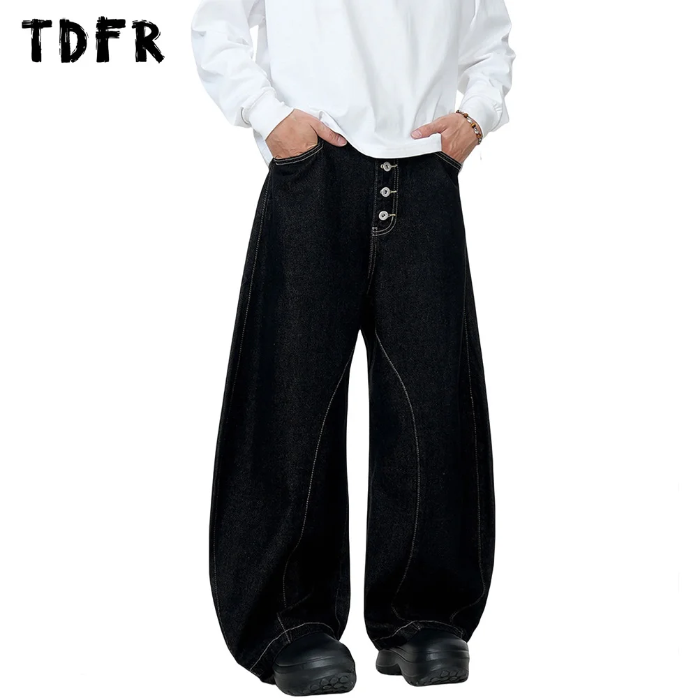 Button Fly Solid Color Jeans Mens Retro Streetwear Loose Wide Leg Top Stitch Denim Pants Men Trousers