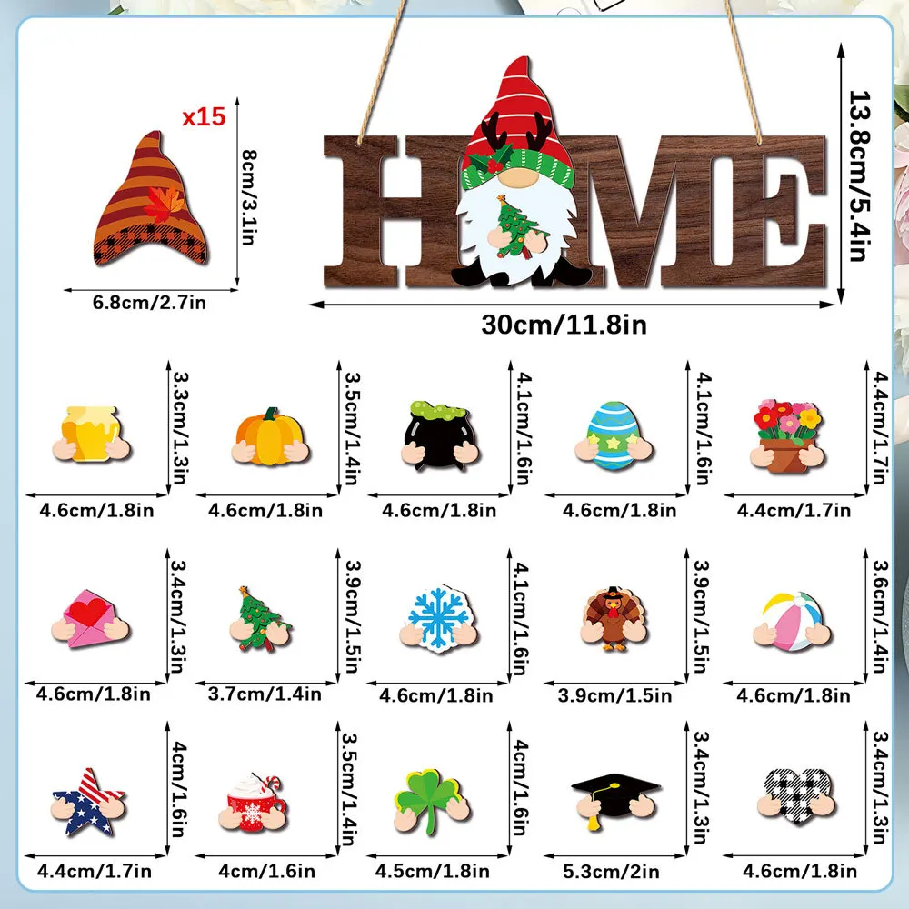 Custom Wooden Gnome Home Decoration with 15 Interchangeable Hats and Hands for Year Round Seasonal Use and Display Flexibility