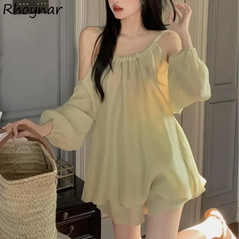 

Two Piece Sets Women Baggy Summer Off Shoulder Tops Green Shorts Cozy Temper Vintage Sweet Folds Aesthetics Kpop Fashion Chic