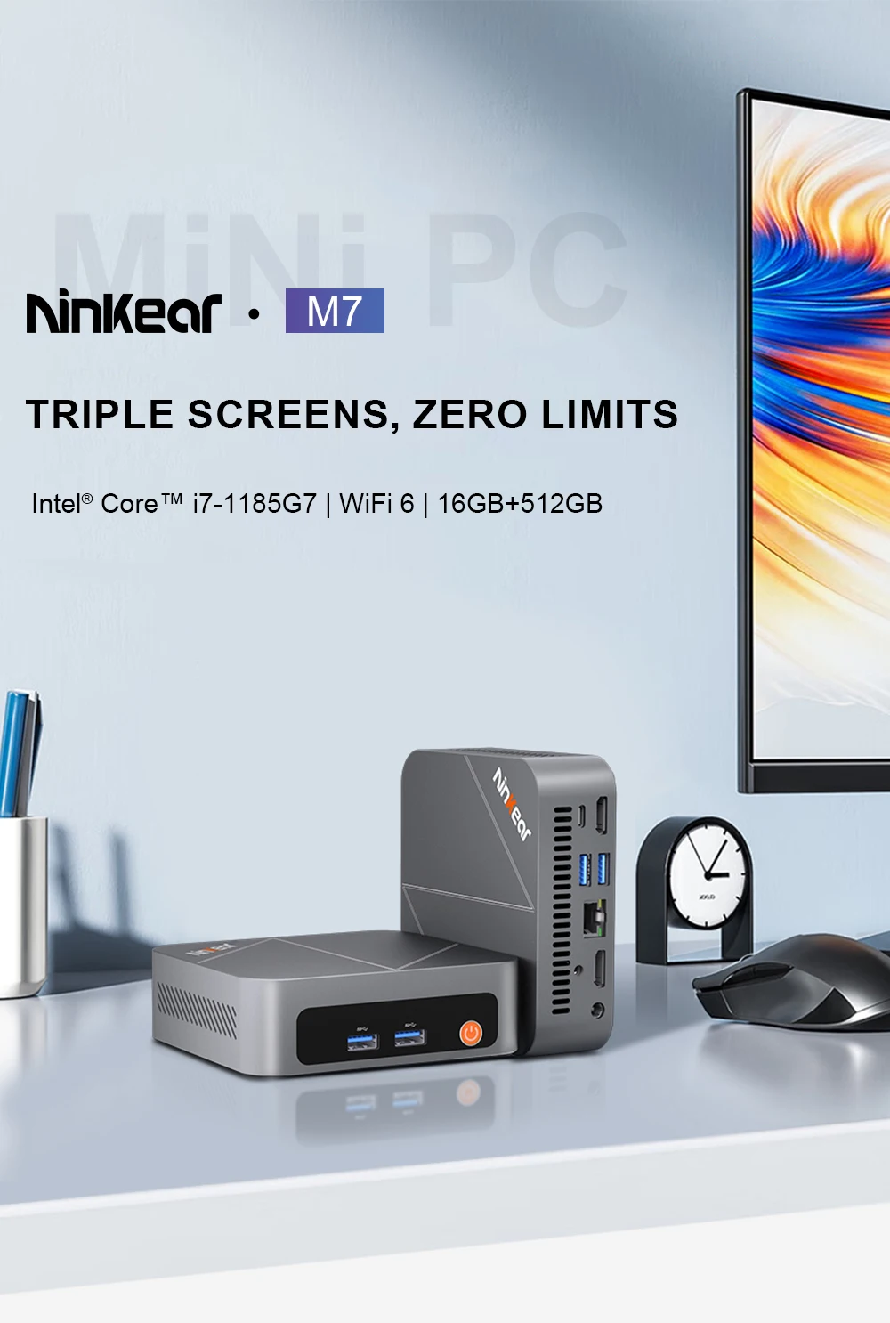 Ninkear M7 Mini PC (Intel Core i7-1185G7, 16GB RAM, 512GB SSD) — Supports triple-display output, 4K, Wi-Fi 6, Bluetooth 5.2, dual HDMI, and Type-C ports; pre-installed with Windows 11 Pro (Business Desktop PC)