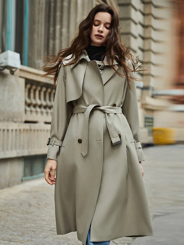 Casual Classic Long Trench Coat for Women Spring Autumn 2025 New High-end Double Breasted Belted Khaki Windbreaker Outerwear