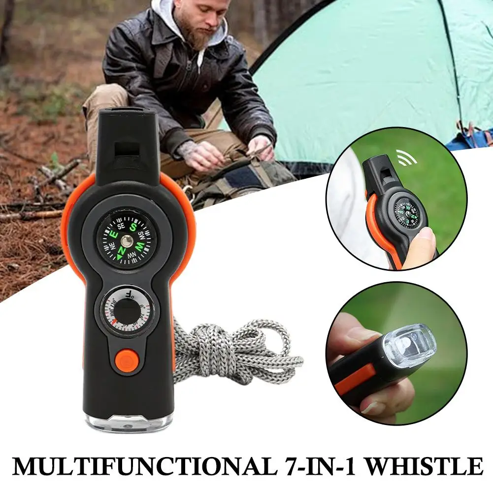 Outdoor Multifunctional 7-in-1 Whistle Survival Whistle Life-Saving Whistle With LED Light Thermometer Compass Travel Accessorie