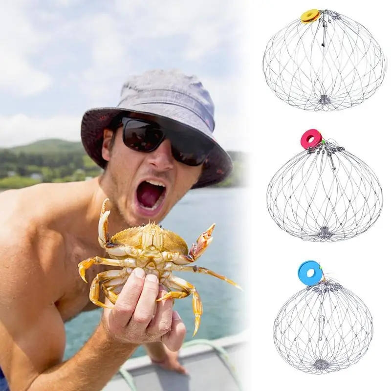 Crab Trap Net Fishing Net Automatic Open Closing Fish Crab Net Steel Wire Outdoor Fishing Accessories(Coil Color Random)