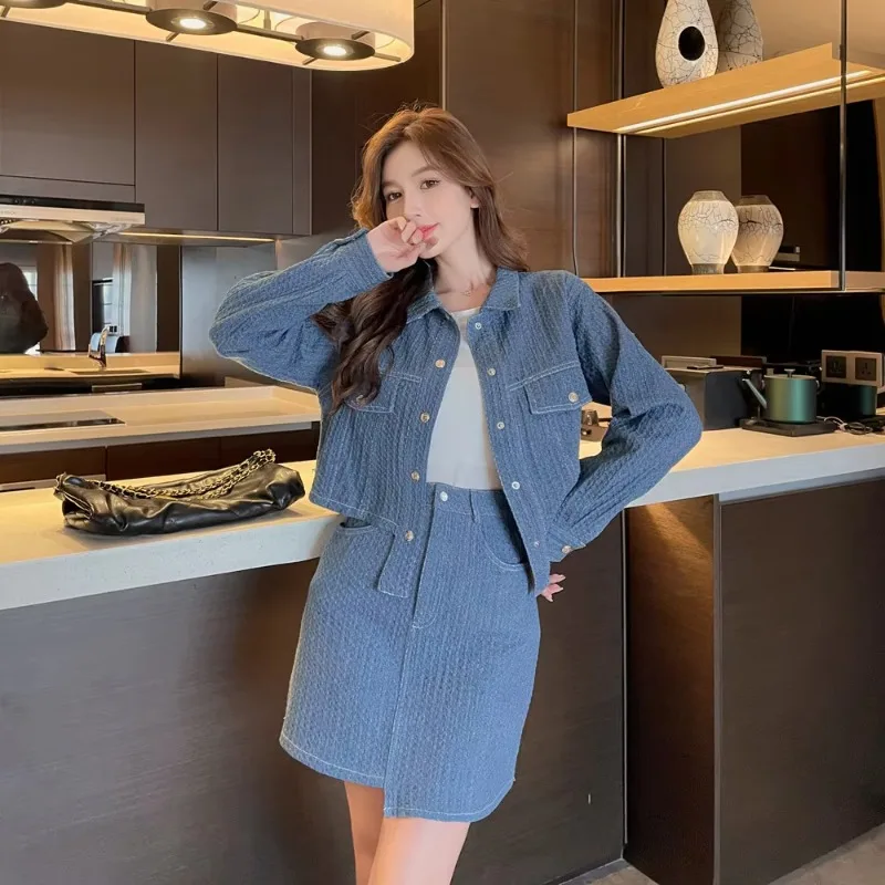 Insozkdg Spring Autumn Elegant Denim Skirt Suits Chic Style Irregular Long-sleeved Jacket + A-line Skirt Two-piece Set Women's