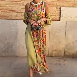 Sukienka damska z nadrukiem cyfrowym, okrągły dekolt, długa sukienka na ramiączkach + kardigan chroniący przed słońcem, 2025