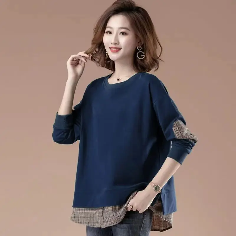 Fashion Spliced Plaid Fake Two Piece Plaid Sweatshirts Female Clothing 2023 Autumn New Oversized Casual Tops Commute Sweater