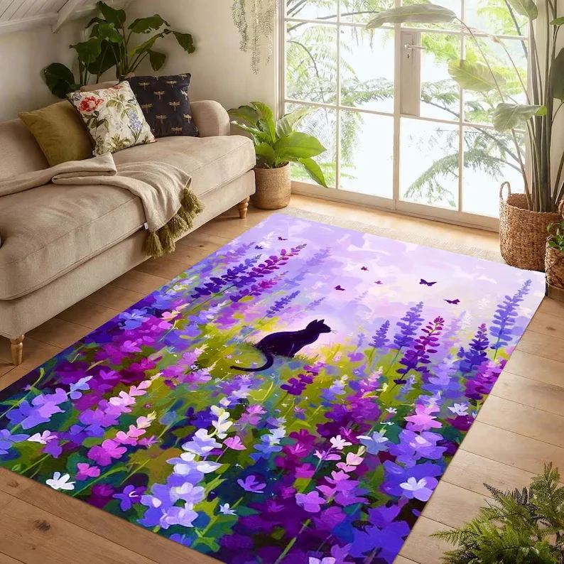 

Ковер с изображением лавандового поля и кошки, фиолетовый, с рисунком диких цветов, нескользящий, машинная стирка, для домашнего декора