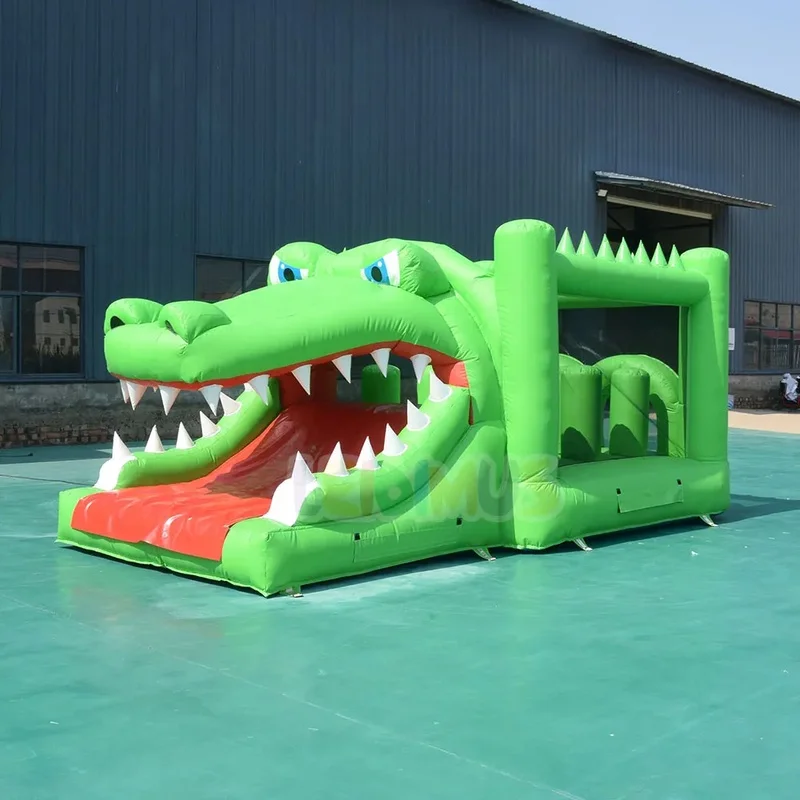 Green Crocodile Mouth Inflatable Obstacle Course Kids Inflatable Bounce House with Slide Combo for Event Carnival Entertainment