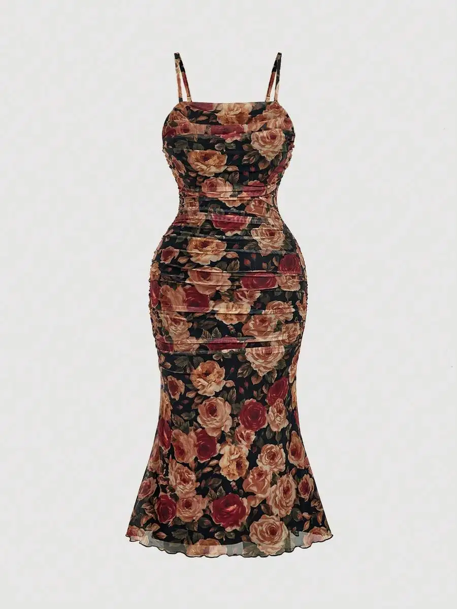 

Vintage 70s Floral Print Ruched Mesh Midi Dress Spaghetti Strap Slim Fit Mermaid Hem For Prom Party Festival