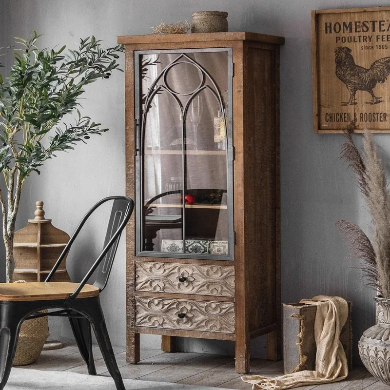 

Retro solid wood short cabinet wrought iron carved glass door locker