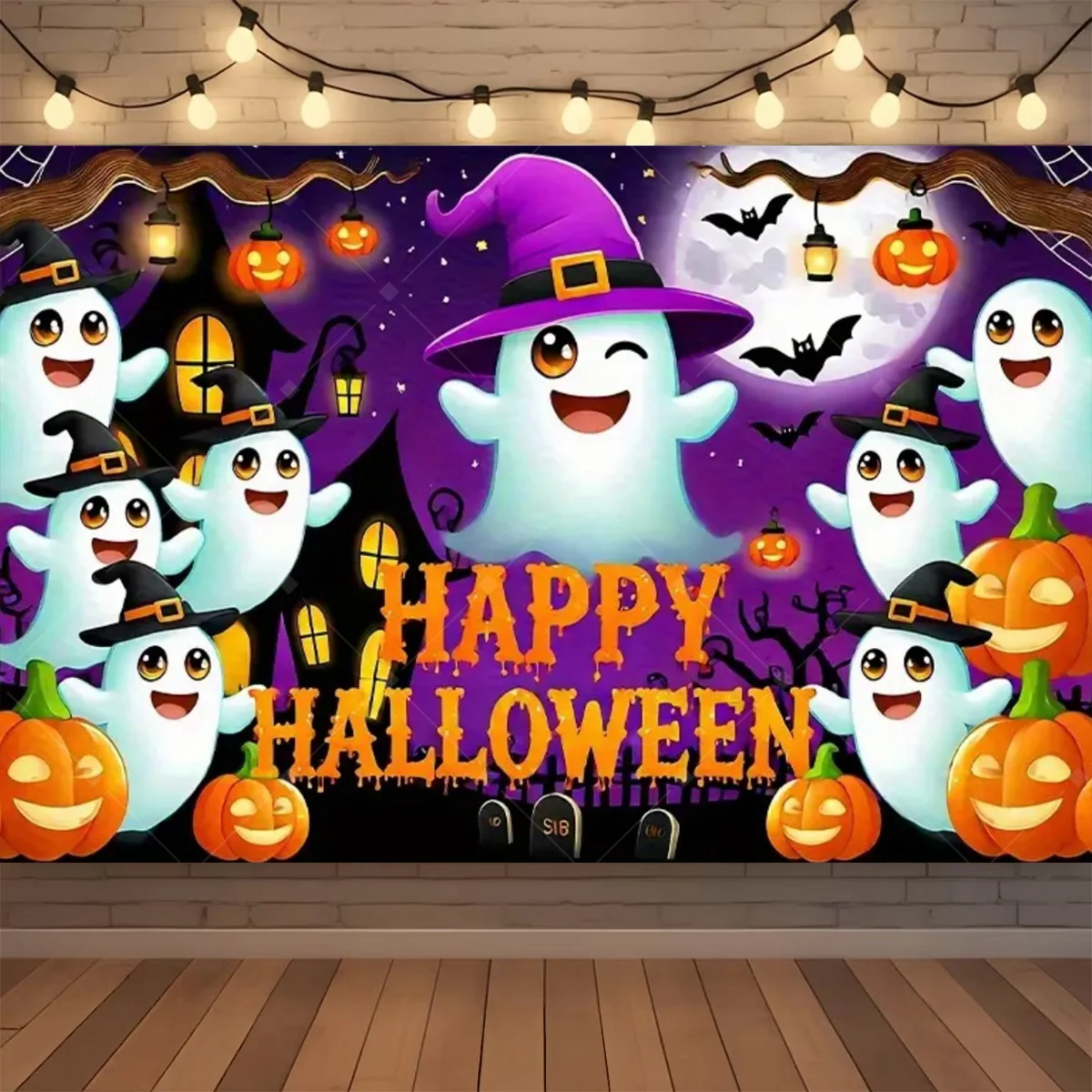Fröhlicher Halloween-Hintergrund mit Neon-Kürbis, Fledermaus, Totenkopf und Friedhof, Fotografie-Hintergrund, Halloween-Party Fotokulisse, Dekorationsbanner, Geschenk – Detail 5