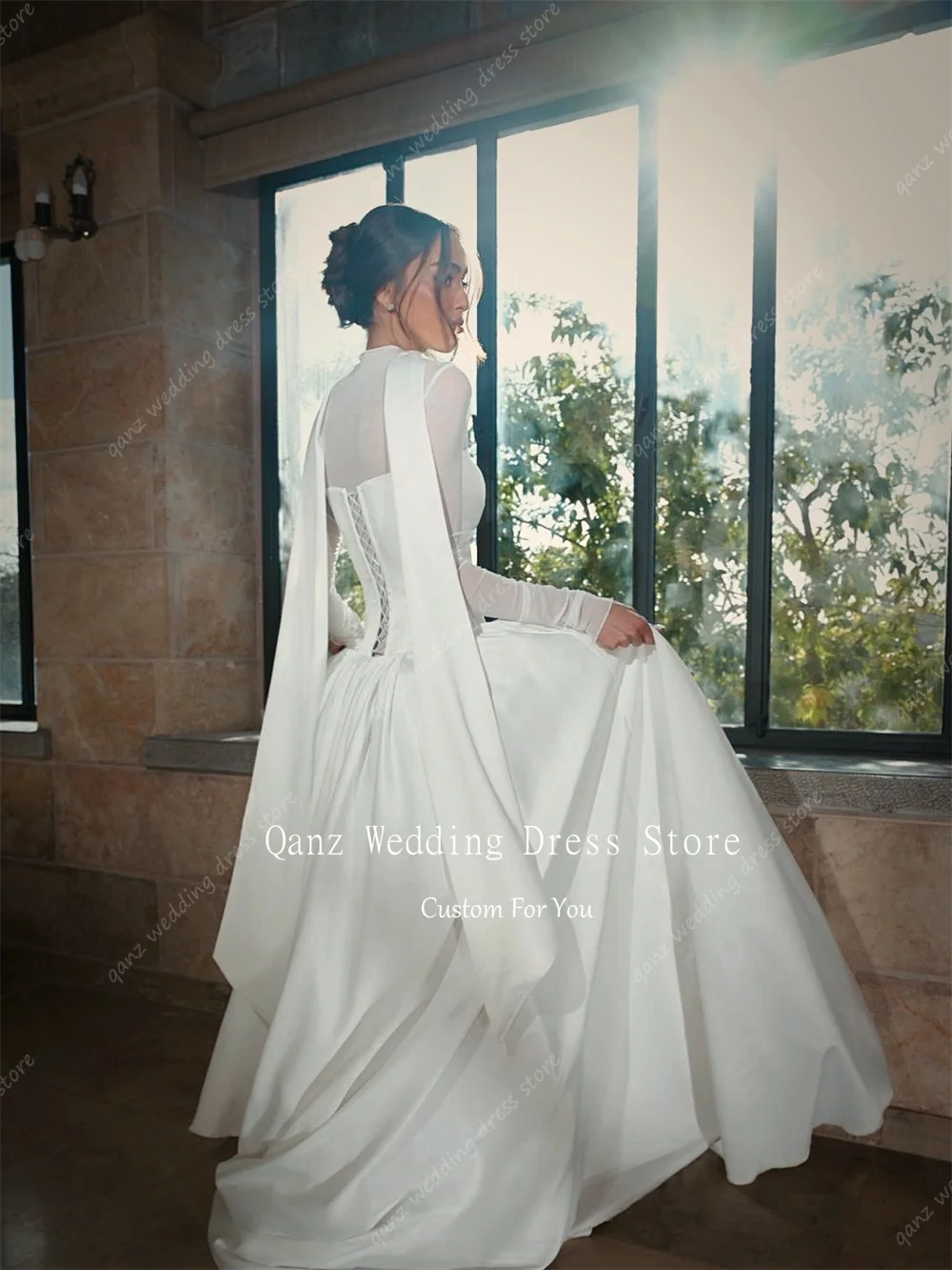 Qanz Vinatge Soft Satin Wedding Dress 2 Pieces Sheer Long Sleeves Ivory Robe De Mariée A Line Women Vestidos De Novia Customized