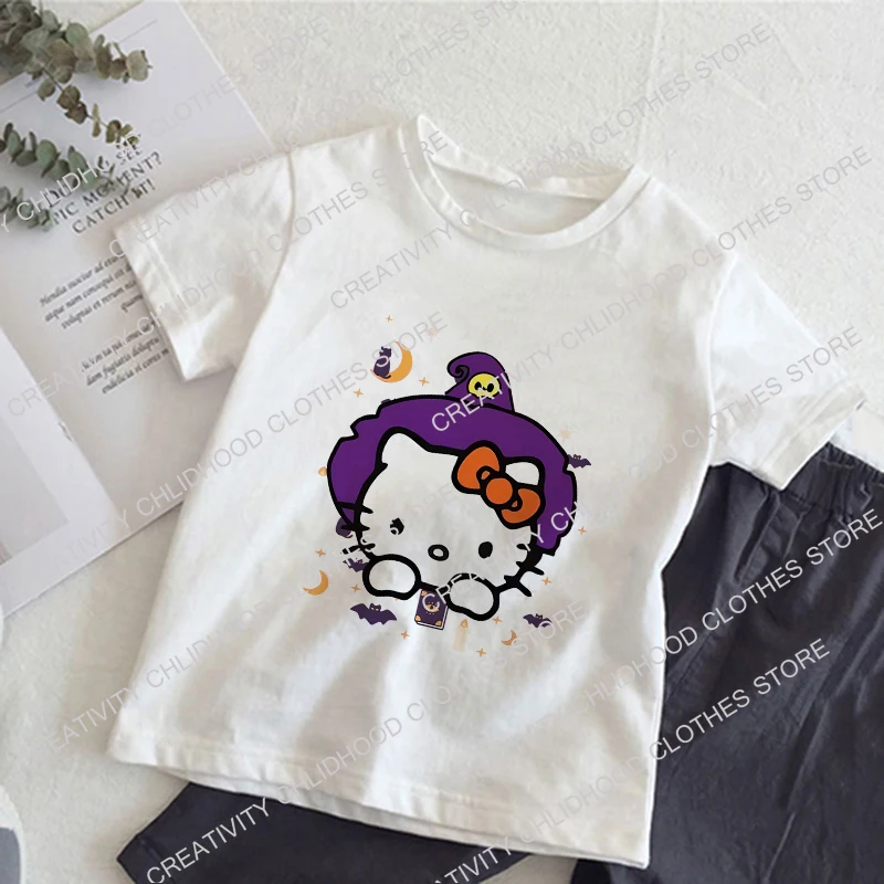 Sanrio Halloween Children T-shirt Kawaii Hello Kitty T Shirts for Girls Clothes Cartoons Casual Fashion Kid Boy Short Sleeve Top