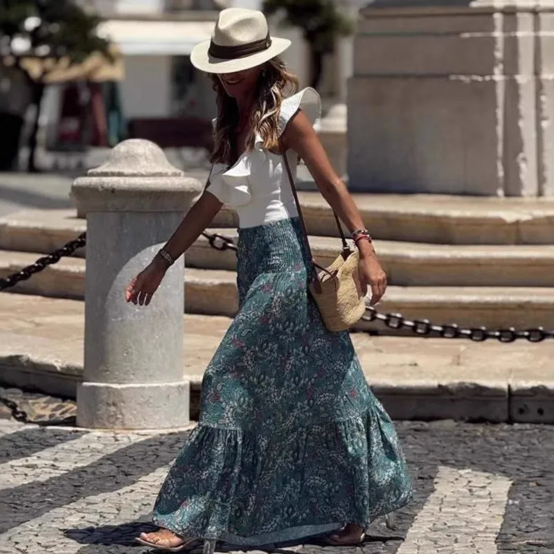 

Summer Vintage Flower Skirt Bohemia High Waist Stretch Long Skirt For Women A-Line Splic Party Skirts Fashion Beach Maxi Skirt